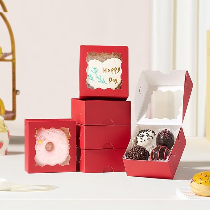 3.2x3.2x1.5 Inches 100PCS Chocolate Truffle Boxes Mini Bakery Boxes with Window for Cookies,Soap,Donut, Macaron,Brownie(Red)
