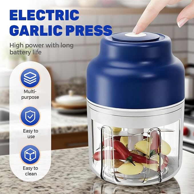 Electric Garlic Chopper, 2026 Mini Food Processor & Food Chopper for Kitchen, Portable Cordless Electric Garlic Crusher with 6 Stainless Steel Blades, Small Mincer for Onion Spices, Blue, 250ML