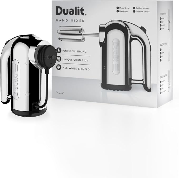 Dualit Hand Mixer - 300W- Strong Grip Handle - Attachments Included - Integral Plug Storage - 4 Speed Settings - Repairable gears - Flat Beaters, Dough Hooks, Balloon Whisk