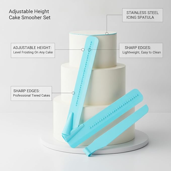 2-Piece Adjustable Cake Smoother Set, Stainless Steel Icing Spatulas for Defined Edges and Level Frosting on Tiered Cakes