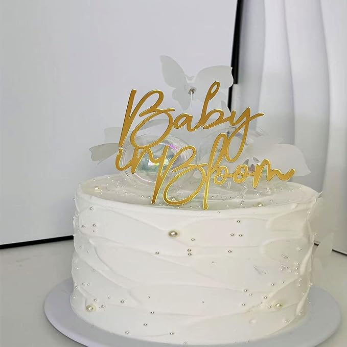 Baby in bloom Cake Topper,Gold Mirror Acrylic Baby shower cake sign Decorations,Gender Reveal Cake Decoration/Pregnancy Announcement/Baby Shower/Birth Announcement/Custom Baby Cake Topper