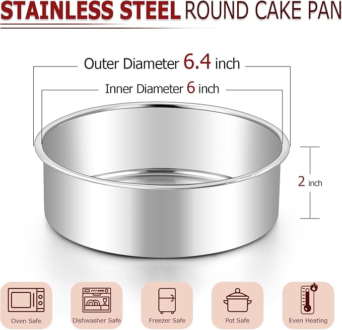 LIANYU 6 Inch Round Cake Pan, Stainless Steel Baking Layer Cake Pan Tin, Heavy Duty Metal Round Tier Baking Tins, 2In Tall, Oven & Dishwasher Safe