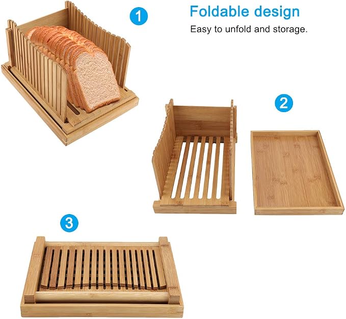 Nature Bamboo Bread Slicer Cutting Foldable Wood Bread Cutter Adjustable 3 Thickness Loaf Bread Cutting Board For Homemade Bread Loaf Cakes Bagels Kitchen Baking Tools