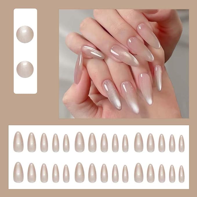 30Pcs French Press on Nails Short Almond ZWENJIE Cat Eye Fake Nails Press ons Nail Tips Stick on Nails Glossy Acrylic Nails Kit False Nails with Blush Pink Design Nail Art for Women Glitter Manicure