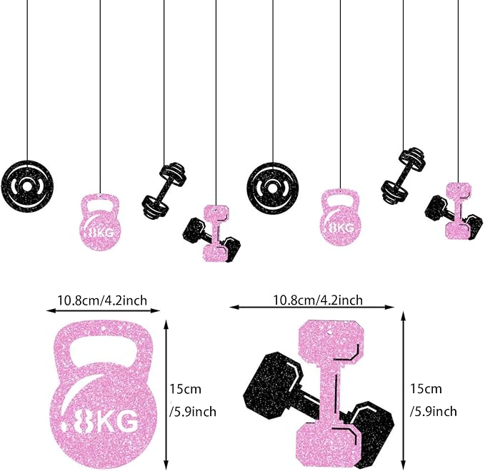 Zwiebeco Black Pink Gym Happy Birthday Banner Bunting Hanging Paper Ornament Garland Party Decoration for Fitness Dumbbells Kettlebells Weightlifting Themed Girls Women Bday Decor Accessories Supplies