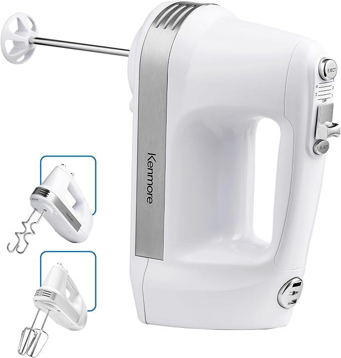 Kenmore 5-Speed Hand Mixer/Blender, 250 Watts, with Beaters, Dough Hooks, Liquid Blending Rod, Automatic Cord Retract, Burst Control, and Clip-On Accessory Storage