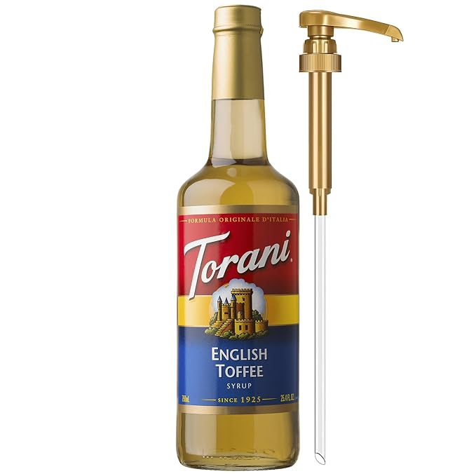 Torani Coffee Syrup, English Toffee Flavored Syrup for Drinks, Glass Bottle with Pump Included, 25.4 Fl Oz