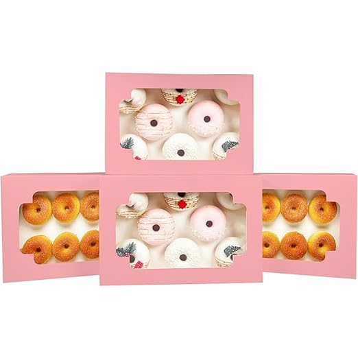 qiqee Auto-pop up Pink Cookie Box with Window 12x8x2.5 inch 18 Packs Two Uses One Second Folding Pastry Biscuit Bakery Box for Packaging