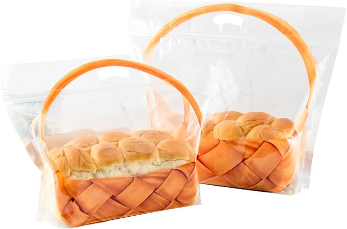 50 pcs 9 Inch Large Clear Bread Plastic Bags with Handle, Sealing Zipper Loaf Packaging with Basket Pattern for Homemade Bread Cookie, Bakery Cafe