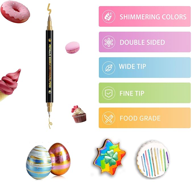 ZJSJSP Edible Metallic Markers,Food Shimmering Color Pen,Fine and Thick Tip Food Upgrade for Cookies/Cakes/Fondant/Baking Decorating/Drawing (Gold, Silver, Black,White, 4PCS)