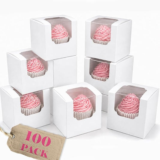 Bakepacker Auto-pop up Cupcake Boxes 100-Packs Individual Cupcake Container White 3.5" x 3.5" x 3.5" Single Cupcake Boxes