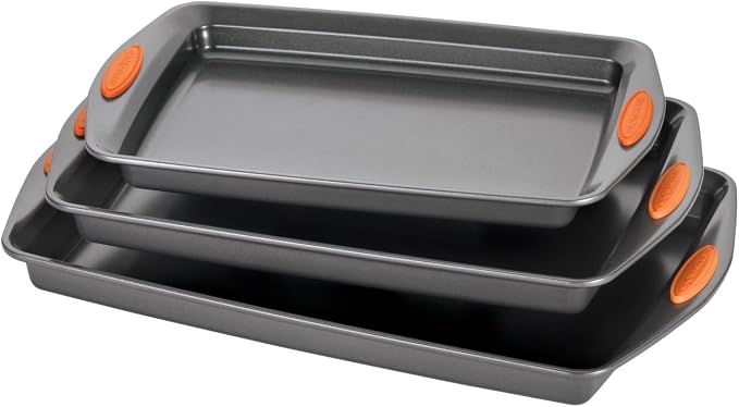 Rachael Ray Yum-o! Nonstick Bakeware 3-Piece Oven Lovin’ Cookie Pan Set, Gray with Orange Silicone Grips