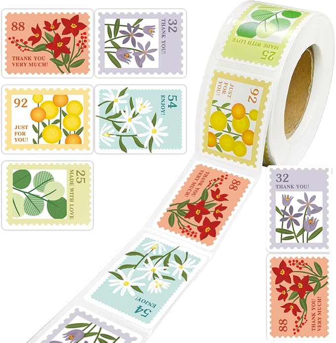 500PCS Flower Stamp Stickers, Cute Floral & Fruit Decorative Adhesive Labels for Gift Wrapping Scrapbooking Card Making Envelope Seals Small Business Packaging