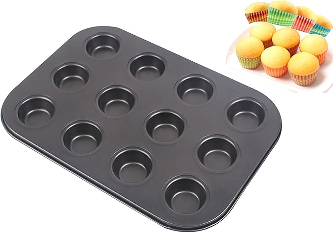 Small Carbon Steel Non Stick Coating Muffin Pan, 1 Pack Mini Size 10.5 Inch x 7.2 Inch 12 Cup Cupcake for Baking of Muffin, Cake, Doughnut and Bread (1)