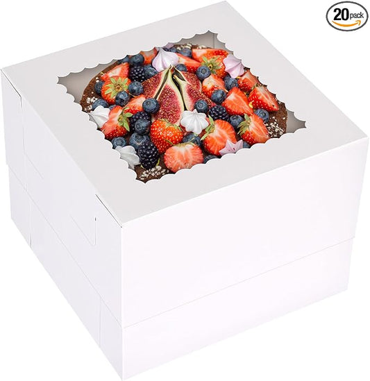 Moretoes 20pcs Cake Boxes, 10x10x8 Inches Tall Cake Box with Window, White Bakery Box, Large Baking Boxes with Window for Valentine's Day, Mother's Day, Pastries, Pies, Desserts