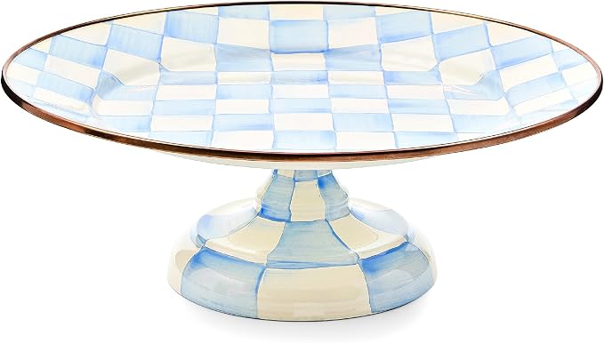 MACKENZIE-CHILDS Enamel Pedestal Platter, Round Cake Stand, Small, 12 Inches, Light-Blue-and-White Sky Check