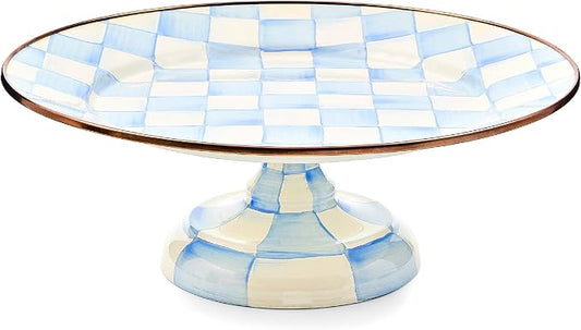 MACKENZIE-CHILDS Enamel Pedestal Platter, Round Cake Stand, Small, 12 Inches, Light-Blue-and-White Sky Check