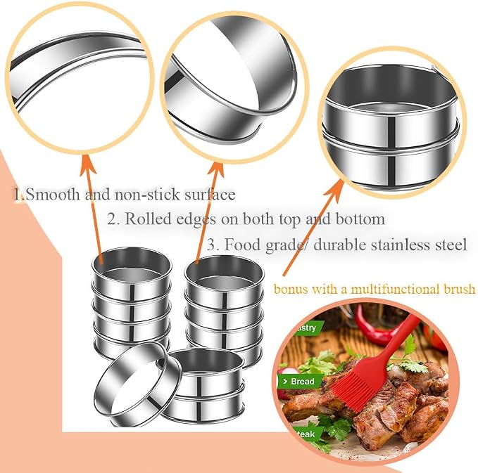 DATANYA 24Packs English Muffin Ring 3.15 Inch Crumpet Rings Stainless Steel Double Rolled Tart Rings, Round Metal Cooking Pastry Ring Molds for baking
