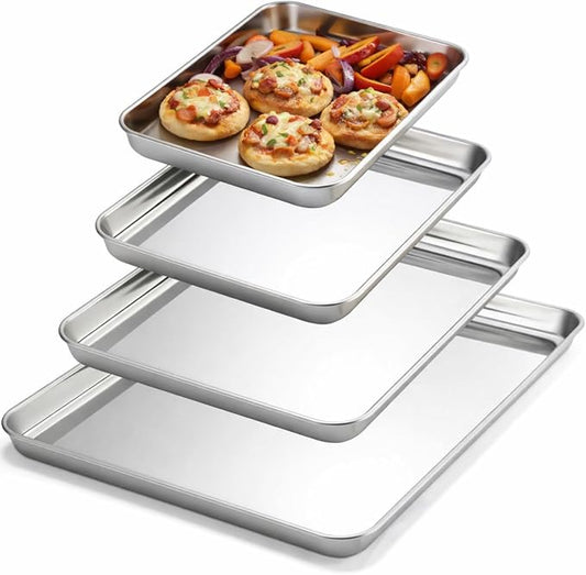 4 Pack Stainless Steel Sheet Baking Pans, 9/10/12/16 Inch Commercial Grade Cookie Sheets for Baking, Heavy Duty Stainless Steel Cookware Set, Non-stick, Non-toxic
