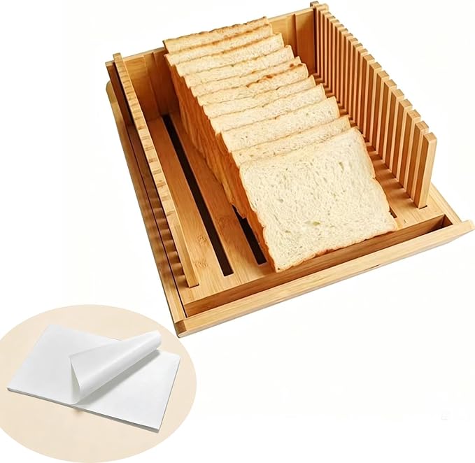 Foldable Bamboo Bread Slicer Adjustable Guide with Crumb Tray for Sourdough | Adjustable Slicing Guide Built-In Crumb Tray Natural Bamboo Board Better Slices, Less Mess Compact for Easy Storage