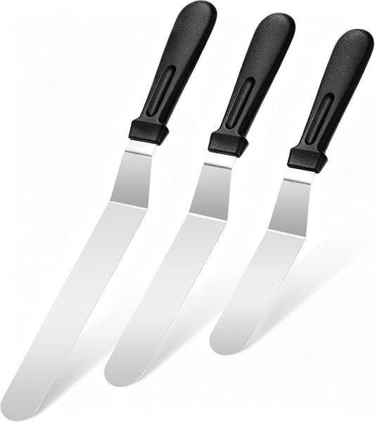 3 PCS Icing Spatulas (6",8",10") Stainless Steel Cake Decorating Spatulas Set with Black Plastic Handle for Home,Kitchen or Bakery