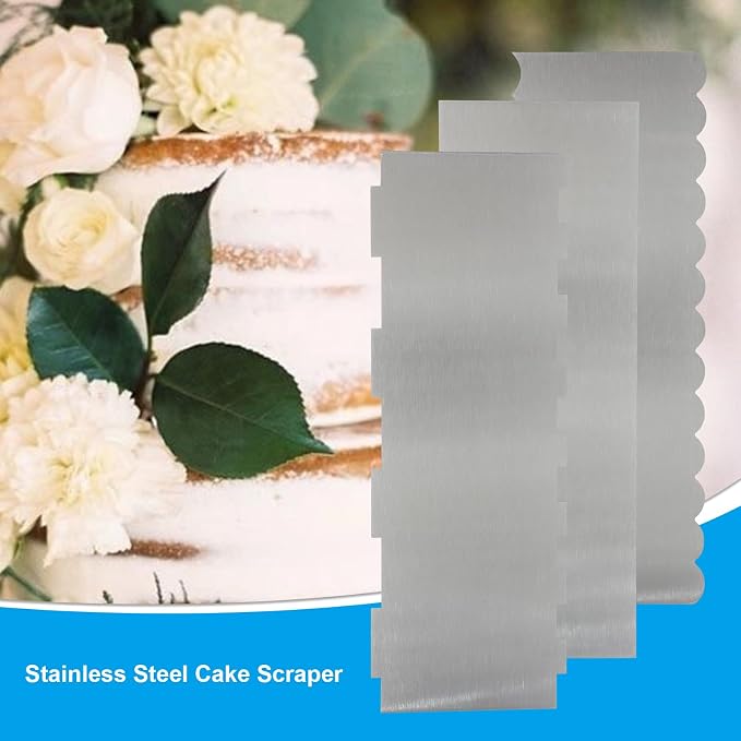 Cake Scraper - 3 Pack 8.6 Inch Stainless Steel Cake Decorating Tool, Double Sided Smooth & Patterned Edge for Buttercream, Fondant, Mousse