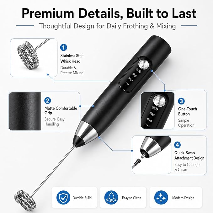 Black Handheld Milk Frother Wand for Coffee, Electric Whisk 3 Speed, 3-in-1 Rechargeable Drink Mixer with Stainless 3 Whisks, Coffee Frother For Latte, Cappuccino, Hot Chocolate, Egg