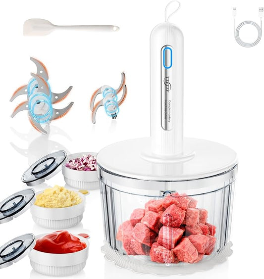 Glass Food Processor with 4 Blades & 4 Bowls (8 Cup + 3x0.5 Cup), Small Food Processor& Meat Grinder - Compact Design for Meal Prep, Baby Food, Sauces - Dishwasher Safe