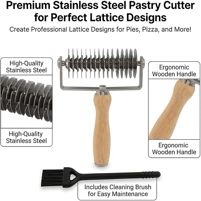 Pastry Lattice Roller Cutter with 1 Small Brush, Stainless Steel Lattice Pastry Cutter with Wooden Handle for Beef Wellington Pie Bread Cookie Pizza(COLOR:Silver)