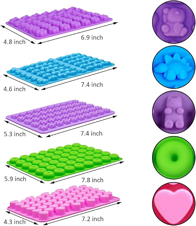 Silicone Gummy Molds Set of 5, Candy Molds with 2 Droppers for Convenient Filling, Chocolate Molds Set Includes Dinosaur, Bear, Donut, Heart and Cat Shapes