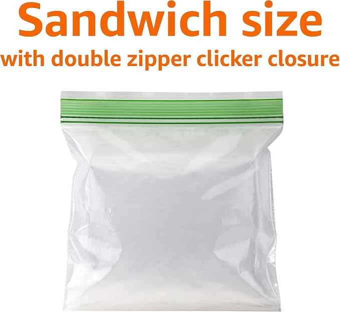 Amazon Basics Resealable Double Zipper Sandwich Storage Bags for Food Storage, (Previously Solimo), 300 Count (Pack of 2)