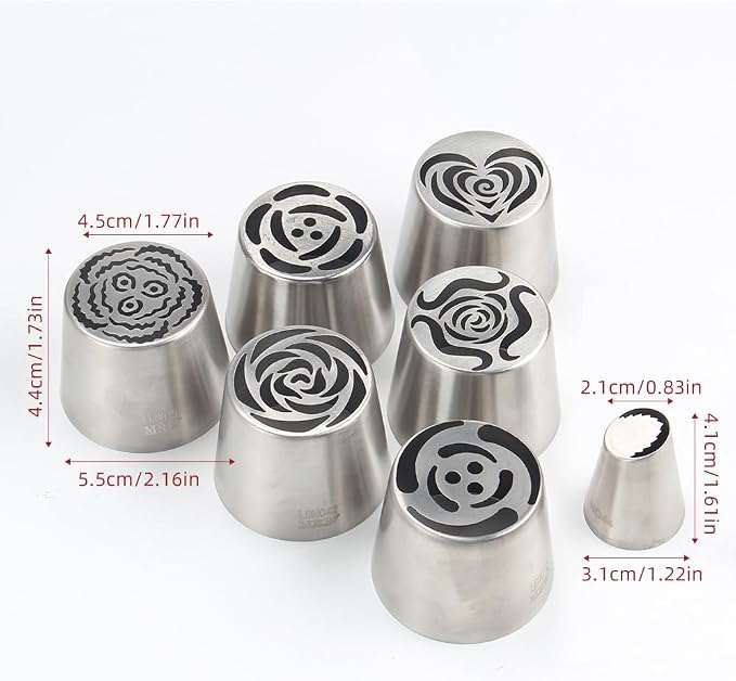 6 Pieces Extra Large Stainless Steel Russian Tulip Marshmallow Icing Tips Kit, Cupcake Dessert Piping Nozzles Set,1 Small Russian Icing Tip,1 Cleaning Brush for Cake Decorations,Pastry Baking Tools