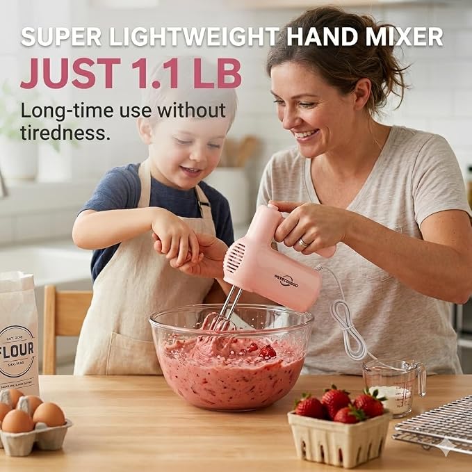 Electric Hand Mixer, 5-Speed Handheld Mixer for Baking Cakes, Eggs, Cream, 150W Turbo Boost Kitchen Mixer, Pink, Gifts for Women Mother