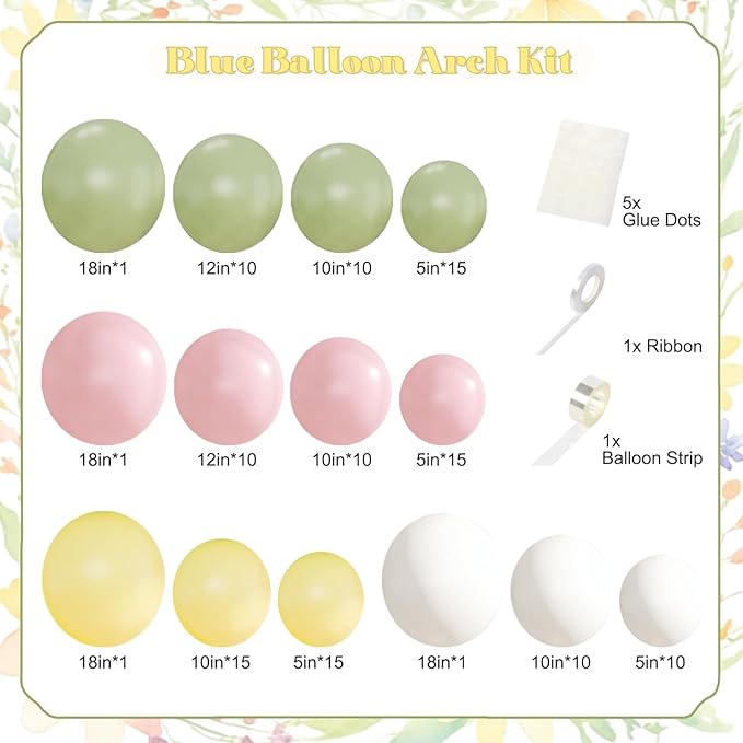 Sage Green Pink Yellow Pastel Balloon Arch Kit, 124Pc Dusty Green Macaron Blue and White Balloons for Goose Birthday Gender Decorations Baby Shower Wedding Decor