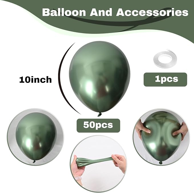 Jobkoo Green Metallic Balloons, 50Pcs 10Inch Chrome Dark Green Balloons Metallic Retro Sage Olive Green Party Balloons Hunter Green Chrome Helium Balloon for Jungle Birthday Graduation Wedding Decor