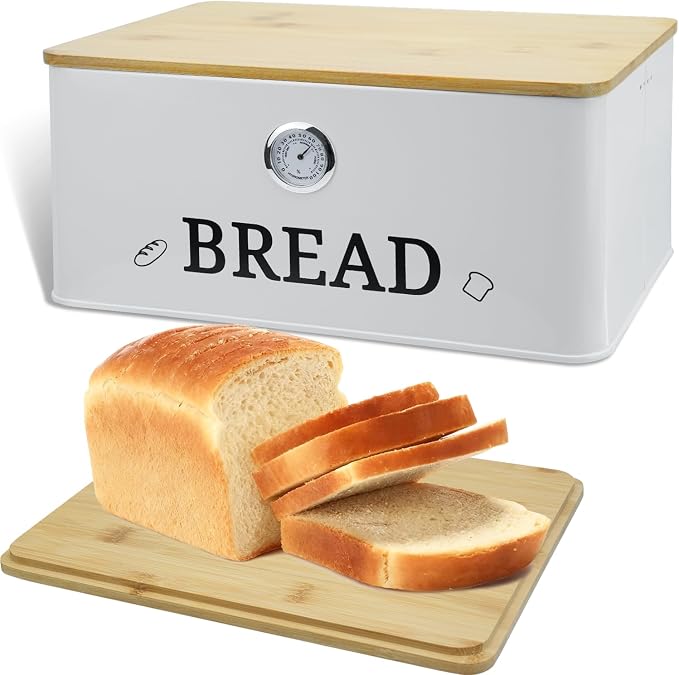 White Bread Box for Kitchen Countertop with Bamboo lid, Hygrometer Kitchen Organizer for Sourdough, Buns, and Loaves, Bread Storage Container