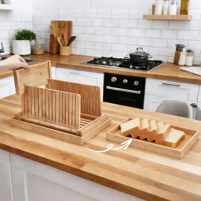 UNICRAFTALE Adjustable Bamboo Bread Slicer with Crumb Tray Bread Cutter for Homemade Cutter Guide for Sourdough Bagels Cakes Loaves Kitchen Gadgets Baking Gift Set 12.68"x8.5"x6.69"