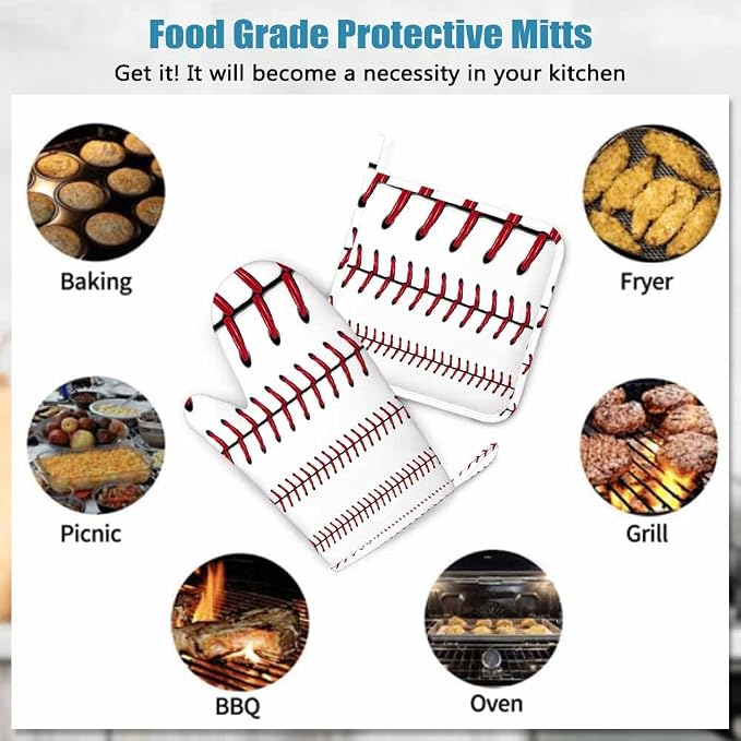 Mxocom Softball Oven Mitts and Pot Holders Sets Baseball Red Lace Over White Background Silicone Heat Resistant Kitchen Oven Gloves Pot Holder for Cooking