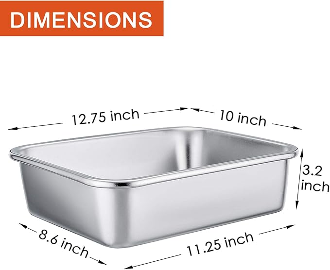 P&P CHEF Lasagna Pan, Rectangular Cake Pan Roaster Pasta Baking Cookie Sheet Pans Stainless Steel, Heavy Duty & Durable, Oven & Dishwasher Safe, 12.7" L x 3.2" H