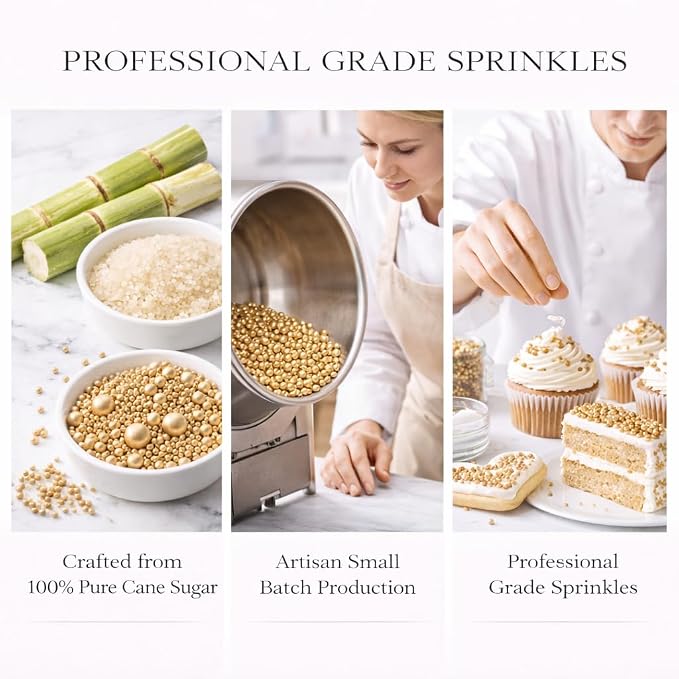 ConfectChampagne Gold Sprinkles – Premium Metallic Pearl Cake & Cupcake Sprinkles (4.2 oz / 120g) – Bake Stable, Soft Chew, No Synthetic Dyes – Edible Decorating Sprinkles for Weddings & Baking