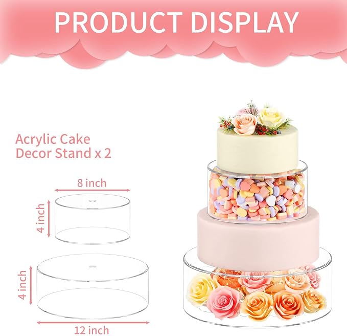 NPPLUS 2PCS Acrylic Fillable Cake Stand Cake Riser Cake Tier, Round Cylinder Display Riser Display Box, Decorative Centerpiece for Wedding Birthday Party (12" Dx4 H inch, 8" Dx4 H inch)