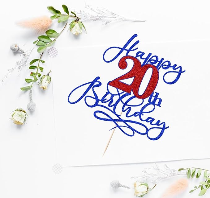 Happy 20th Birthday Cake Topper,Deep blue font red Numbers 20th Birthday Cake Decoration,Hello 20, Cheers to 20 Years/20th Anniversary,20& Fabulous Party Decoration