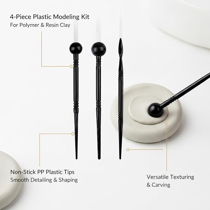 Black Plastic Sculpting Tools, 4-Piece Modeling Kit for Polymer Clay Detailing and Smoothing
