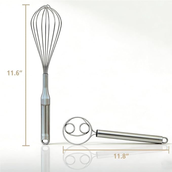 Danish Dough Whisk and Balloon Whisk Set, 2-Piece 12 Inch 316 Stainless Steel for Egg, Cream, Bread, Pizza & Sourdough Mixing, Dishwasher Safe