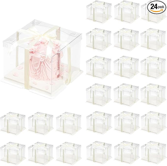24 Pcs Clear Gift Box with Ribbon 2-Layer 6.7x6.7x7.8 Inch, Transparent Cake Carrier Box with Lids, PET Tall Cake Packaging Boxes, Clear Gift Boxes for Birthday,Wedding and Festival Party