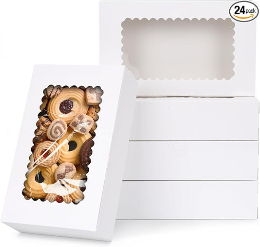 24 Pack Bakery Boxes,10x6x2.5 Inches Cookie Boxes with Window for Gift Giving, White Treat Packaging Boxes for Pies, Treats, Chocolate, Muffins, Donuts, Pastries, Cupcakes