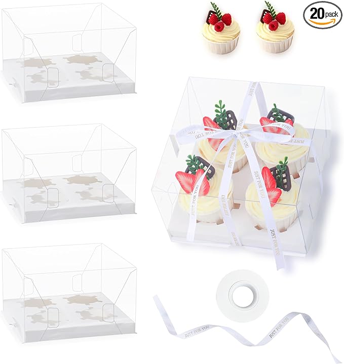 20 Packs Clear Cupcake Boxes 4 Count Cup Cake Holder Containers for Treat Dessert Cookies Muffins plastic Cupcake Carrier with Gift Ribbon Packaging for Party Baking Wedding