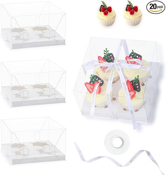 20 Packs Clear Cupcake Boxes 4 Count Cup Cake Holder Containers for Treat Dessert Cookies Muffins plastic Cupcake Carrier with Gift Ribbon Packaging for Party Baking Wedding
