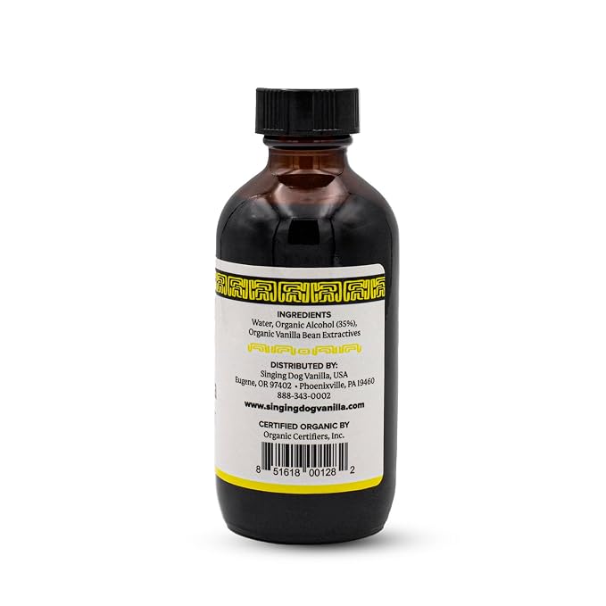 Singing Dog Vanilla Organic Pure Vanilla Extract, 4 fl oz - USDA Organic, Non-GMO, Sugar-Free, Corn-Free, Kosher Pareve, Vegan - Fair Trade Plus+