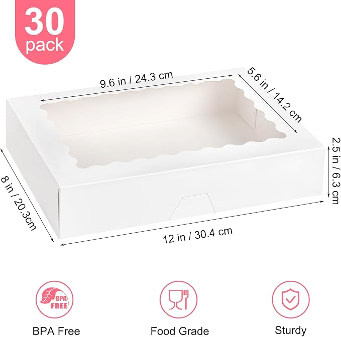 Kucoele Bakery Boxes with Window, 12x8x2.5 Inches, 30 PCS, White | Auto-Popup, Pastry Boxes, Treat Boxes, For Chocolate Covered Strawberries, Cookies, Muffins, Donuts, Breakable Hearts
